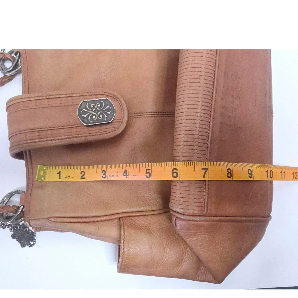 VTG 90s American Angel Tan Leather Braided‎ Strap Shoulder Bag Silver Medallion